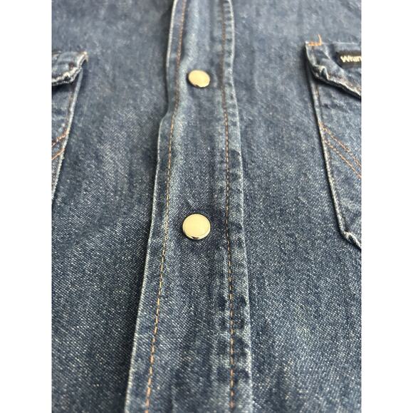 Vintage Wrangler Denim Pearl Snap Western Shirt Mens XL Sawtooth Blue Pockets - Picture 15 of 16
